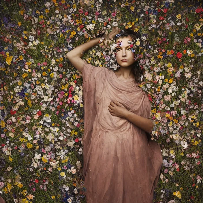 Image similar to a closeup portrait of a woman wearing a cloak made of plastic an mud, in an infinite landscape of flowers, photograph by vincent desiderio, canon eos c 3 0 0, ƒ 1. 8, 3 5 mm, 8 k, medium - format print