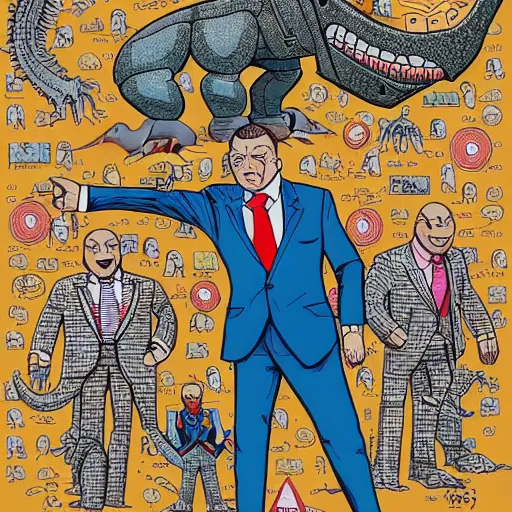 Prompt: detailed intricate colour illustration of businessmen in suits throwing up gang signs at a mecha dinosaur, in the style of Geof Darrow