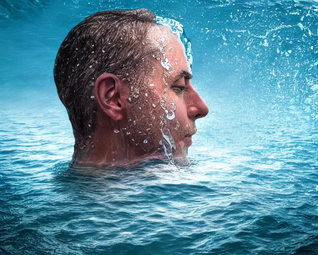 Image similar to water art manipulation of a realistic human head with open eyes burried in the ocean, surreal, side view, hyper realistic, ray tracing, realistic water, sharp focus, 8 k resolution, cinematic