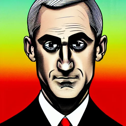 Image similar to digital portrait of secretary of denis mcdonough face with solid glowing eyes, cover art of graphic novel, evil laugh, menacing, Machiavellian puppetmaster, villain, simple style, solid colors, clean lines, clean ink, trending on artstation