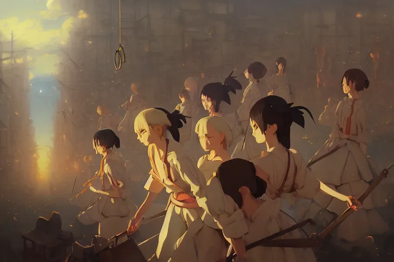 Image similar to baroque oil painting of key visual concept art of anime maids chaining captured pows to trucks, brutalist, dark fantasy, rule of thirds golden ratio, fake detail, trending pixiv fanbox, acrylic palette knife, style of makoto shinkai studio ghibli genshin impact james gilleard greg rutkowski chiho aoshima