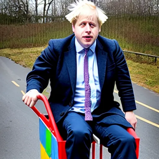 Image similar to Boris Johnson sitting inside a shopping-cart sliding down a very steep hill, anatomically correct, directed open gaze, symmetrical face