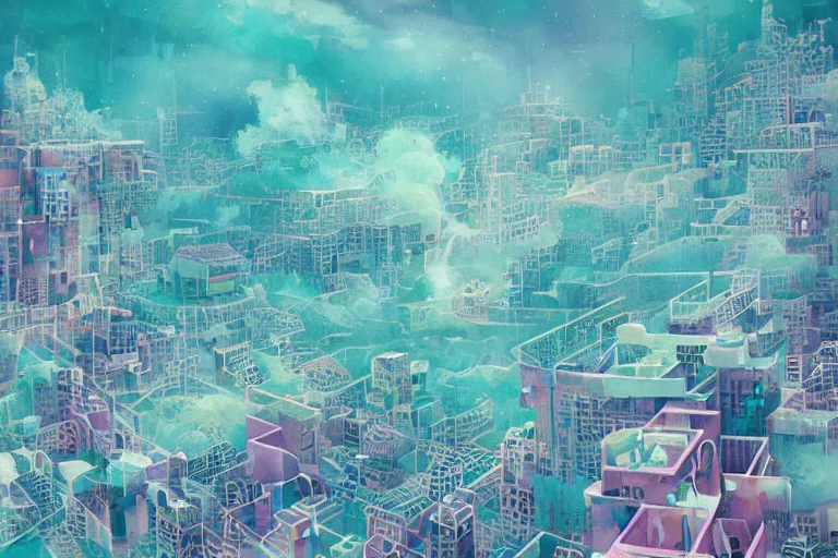 Prompt: smoky watercolor underwater vaporwave city, shattering geometric art by victo ngai