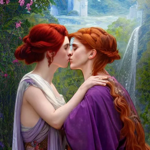 Image similar to a highly detailed byzantine painting of scarlett johansson and emma watson as red haired queens sharing a soft kiss under a waterfall in a gossamer purple dress, epic fantasy, viewed in profile from far away, ultrawide lens, art by artgerm and greg rutkowski and alphonse mucha, volumetric lighting, 4 k resolution, trending on artstation, masterpiece