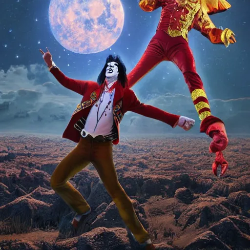 Image similar to the image of clownvis presley with outstretched arms between the moon and the sun and a thousand stars ultra realistic, concept art, intricate details, serious, highly detailed, photorealistic, octane render, 8 k, unreal engine, art by todd mcfarlane and artgerm and greg rutkowski and alphonse mucha