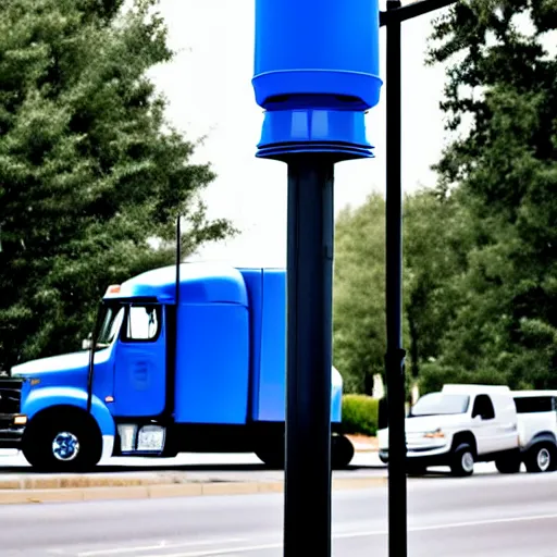 Image similar to blue truck dangling from atop a street light pole