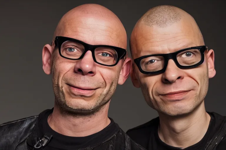Prompt: jason bradbury from the gadget show, standing next to an awkward teenager hiding his braces, hd 8 k, realistic, lighting