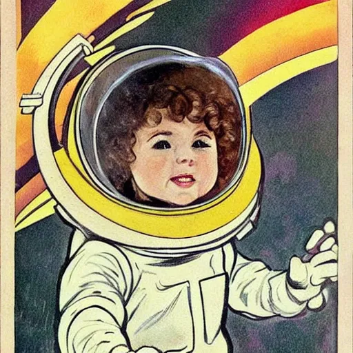 Prompt: a cute little girl with a mischievous face and short brown wavy curly hair. she is dressed as an astronaut. well composed, clean elegant painting, beautiful detailed face. comic book art by steve ditko and jack kirby and bouguereau