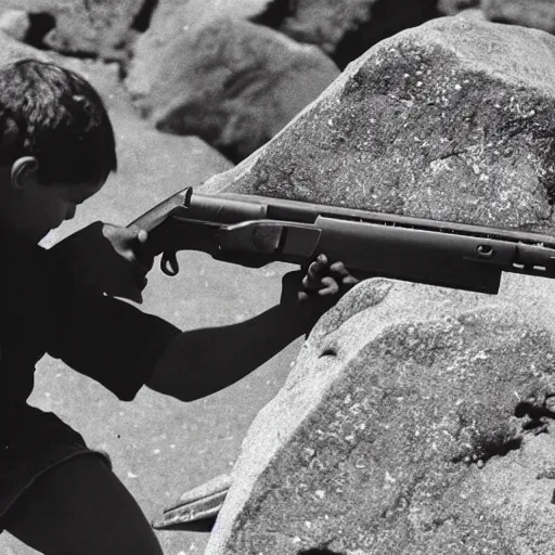 Prompt: schoolbook image of ancient humans discovering guns near a rock.