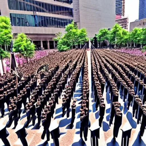 Prompt: anime art, army march in infinitia square in front of infinian de gowyernmentıa in government center during mother's day