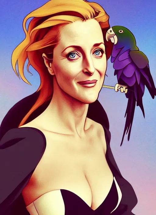 Image similar to cute gillian anderson as a pirate wearing black. parrot on his shoulder, natural lighting, path traced, highly detailed, high quality, digital painting, by don bluth and ross tran and studio ghibli and alphonse mucha, artgerm