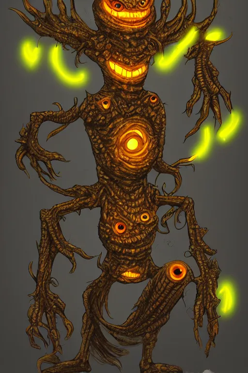 Prompt: a humanoid figure corn monster with large glowing eyes, highly detailed, digital art, sharp focus, trending on art station, anime art style
