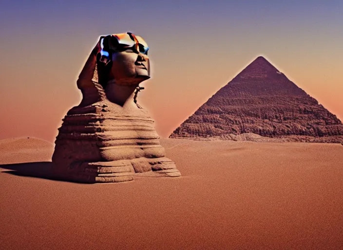 Image similar to 3 d render of kelsey grammer's head on a sphinx body, egyptology, ancient aliens, grainy cinestill film landscape photo, blender, monument, 8 k