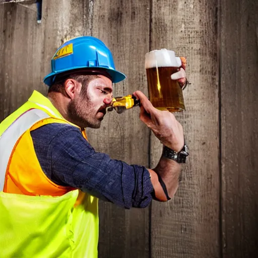 Prompt: orc construction worker drinking a beer on the job