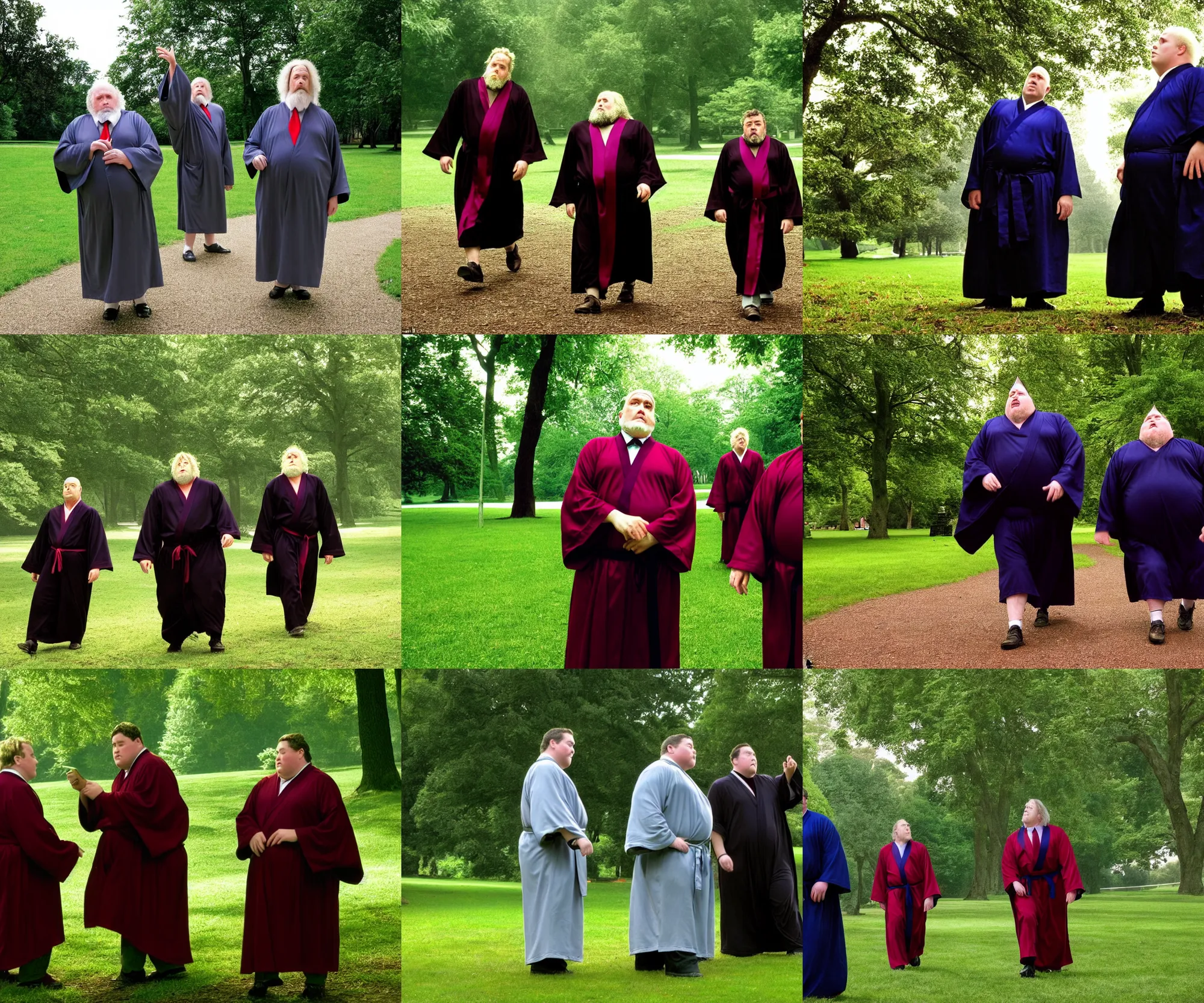 Prompt: sharp, highly detailed, film still from a 2 0 0 2 drama 8 k movie, two chubby middle - aged wizards appear in a park in 2 0 0 2, a short male wizard and a tall male wizard, wearing robes and neckties, atmospheric lighting, in focus, reflective eyes, 3 5 mm macro lens, live action, nice composition