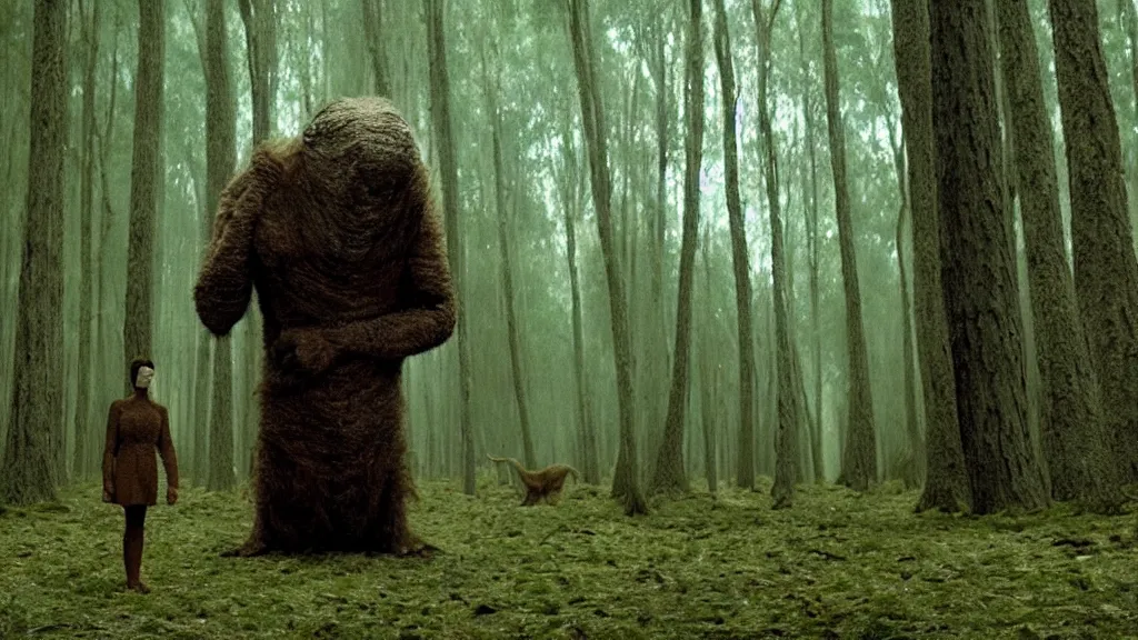 Image similar to the tall strange creature waits in the forest, film still from the movie directed by Denis Villeneuve with art direction by Salvador Dalí, wide lens