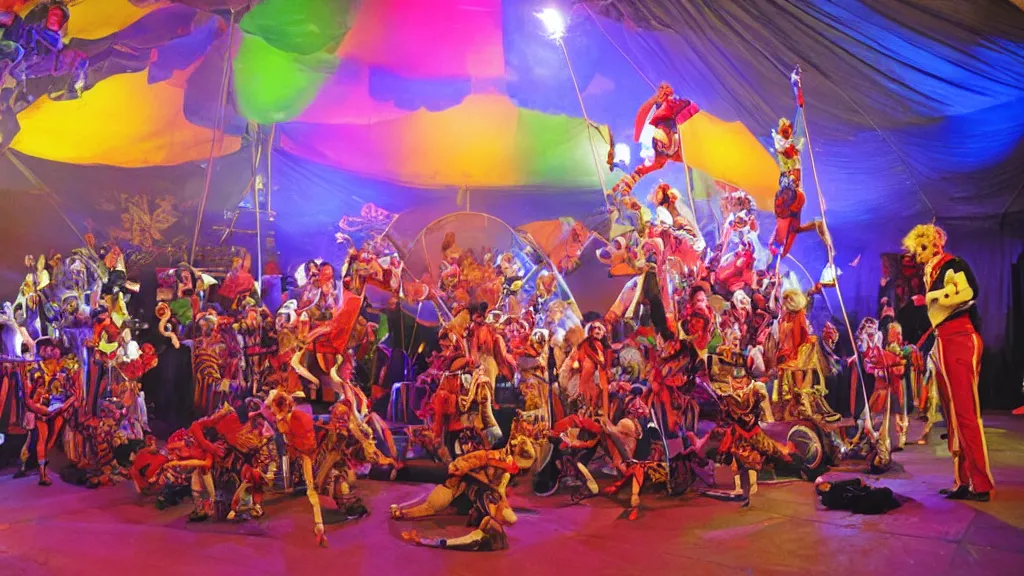 Image similar to of a gang of circus clowns, drinking alcohol, inside a circus tent