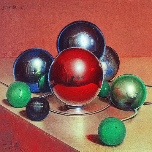 Prompt: chrome spheres on a red cube by sophie anderson