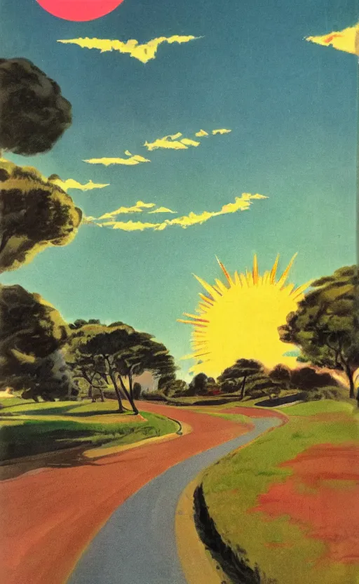 Image similar to paperback book cover. 1 9 5 0 s. pure colors, melting clouds, accurately drawn details, a sunburst above a receding road with the light reflected in furrows and ruts, after rain. and no girls.