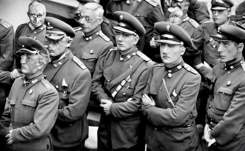 Image similar to 50s movie still of very diverse one general, one officers, one marshal, with very detailed faces in a stalinist parlement, by Alexei Guerman, Cinestill 800t 35mm black and white, heavy grainy picture, very detailed, high quality, 4k, HD criterion, precise texture, diverse faces, diverse haircuts, diverse ages, each faces precisely define