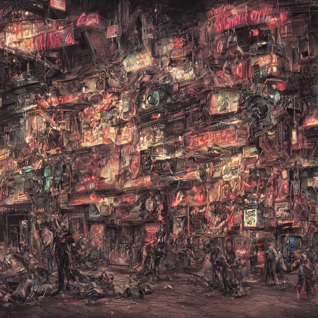 Image similar to A stunning extreme close-up illustration of a dystopian city sidewalk strip club with mechanical vehicle traffic, service robots, vandals and vagrant broken cyborgs on the sidewalk, and a dark night atmosphere, in comic book art style by Michael Golden and Jack Kirby, cinematic, highly microdetailed, vray render, 8k, sparse dark atmosphere of trashiness and street filth, perfect digital art, sleazy dark future, highly hyperdetailed and microdetailed, perfect buildings and infrastructure, futuristic, blue to violet color scheme with sparse background lights, sci-fi, Marvel Comics 1982, Micronauts, New Gods, dim lights, sharp focus, high technical detail