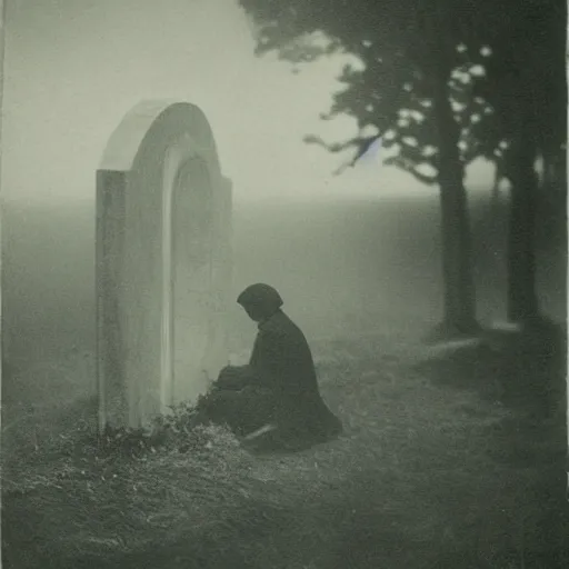 Prompt: a soul looking at his grave, night, fog, 1 9 0 0's photo