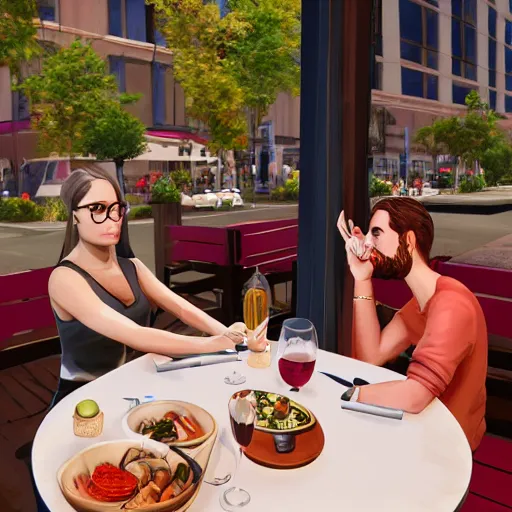 Prompt: a couple dining at a restaurant, sitting in outdoor seating in the lower west side, with glasses of wine on the table, and multiple dishes of beautiful vegan food on the table - unreal engine 5, concept art, highly rendered, digital painting, artstation, concept art, smooth