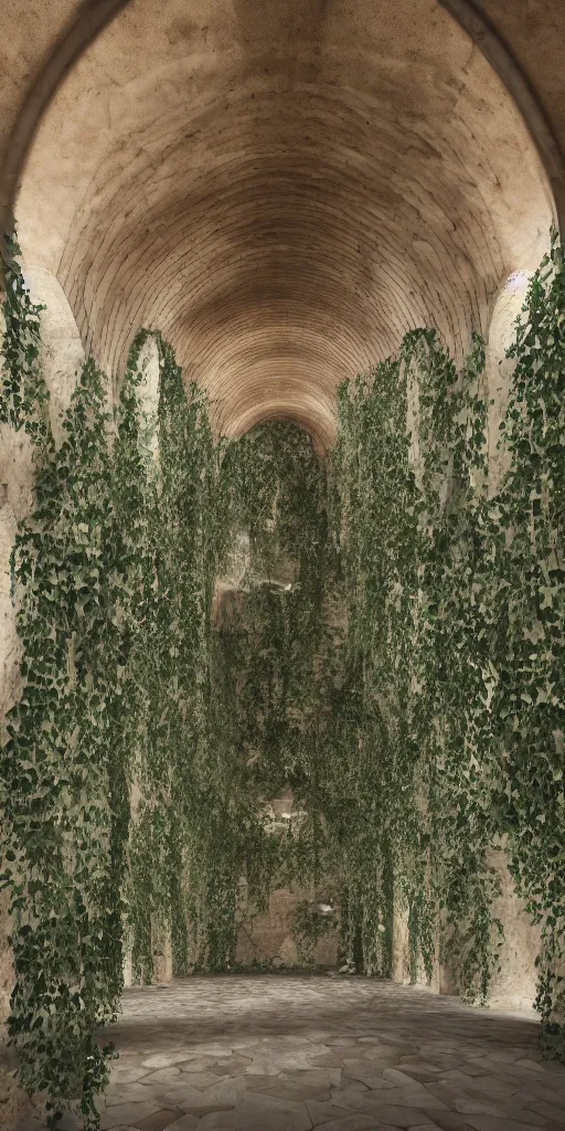 Prompt: photo inside underground lattice of tan sandstone vaults. daylight streams in from skylights between arched ribs. architectural photography. 4 k, 8 k. volumetric lighting. dark, somber, moody lighting, deep shadows. ivy and many plants hanging from ceiling, weathered concrete. corona render