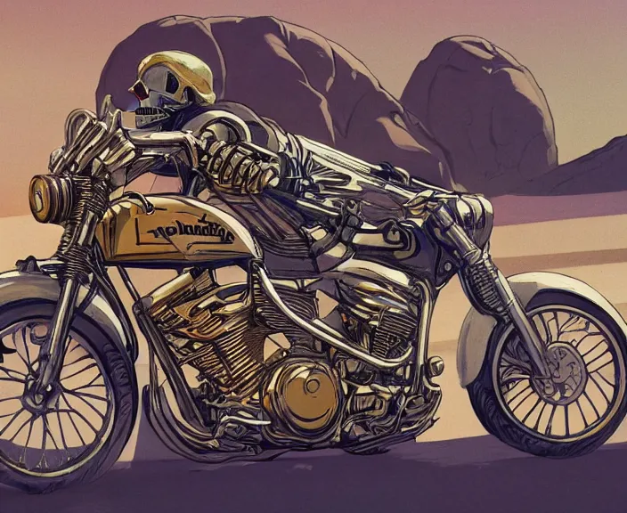 Image similar to a very detailed painting of a skeleton wearing a leather jacket, riding a motorbike, harley davidson motorbike, worm's - eye view, very fine brush strokes, very aesthetic, very futuristic, in the style of edward hopper and grant wood and syd mead, 4 k,