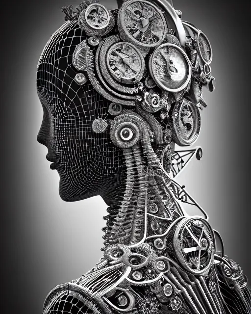 Image similar to mythical black and white organic bio-mechanical spinal ribbed profile face portrait detail of silver mechanical beautiful female angelic-queen-vegetal-cyborg, highly detailed, intricate steampunk flower and diamonds and gemstones ornate, poetic, 3D render, digital art, octane render, 8K artistic photography, photo-realistic, by Dora Maar