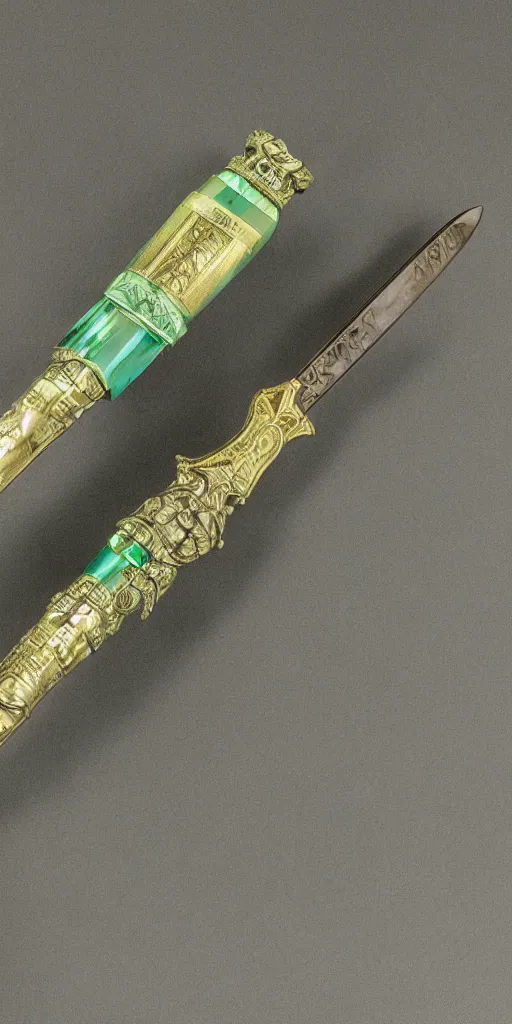 Image similar to photograph of a wide green and teal crystal sword with a big gold sword hilt