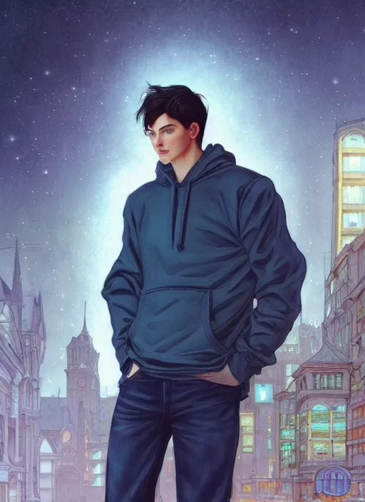 Image similar to handsome young man with short black hair, glowing light blue eyes, pale skin, wearing jeans and a black hoodie, detailed night time cityscape background, realistic painting by ross tran and gerald brom and alphonse mucha, ilya kuvshinov, svetlana tigai, artgerm, trending on artstation