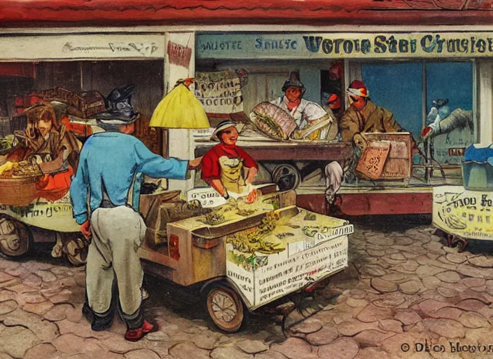 Image similar to storybook illustration of crab sellers, 1 9 5 0 s americana tourism, designed by jean baptiste monge but in lowbrow pop art style, high resolution, fine details, muted colors