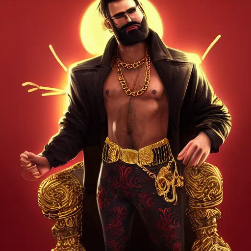 Image similar to a highly detailed full-length man with dark brown short hair, a dark beard, in black and red clothes, with a gold chain and a gold belt, artstation, DeviantArt, professional, octane render