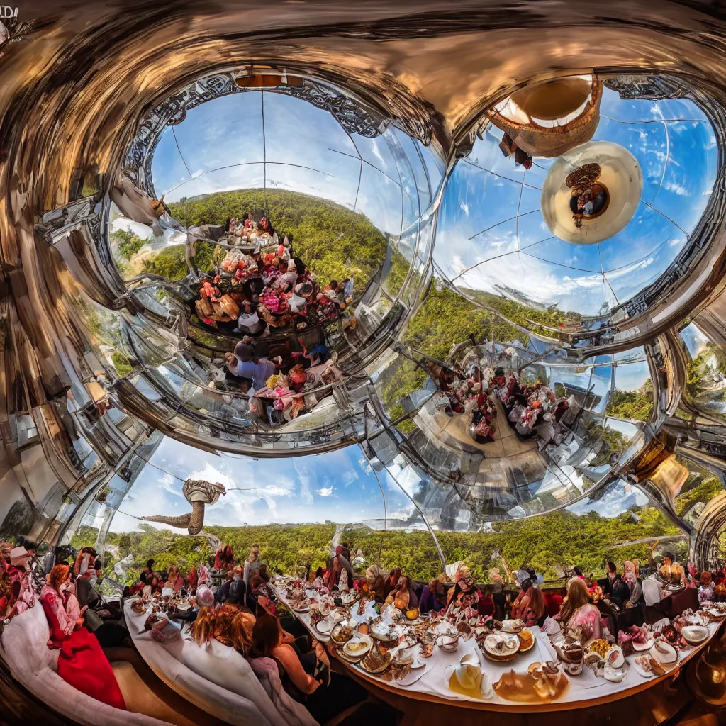 Image similar to elephant tea party, high tea, on a bridge, fulldome, 1 8 0 degree fisheye, 4 k,