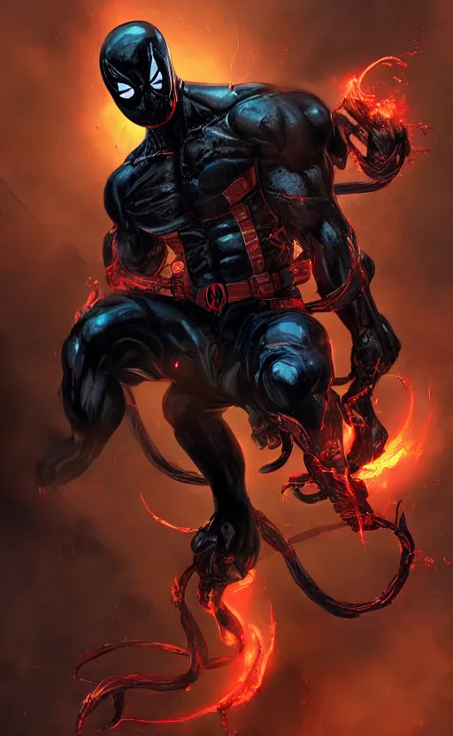 Image similar to venom as deadpool, dynamic lighting, photorealistic fantasy concept art, trending on art station, stunning visuals, terrifying, creative, cinematic