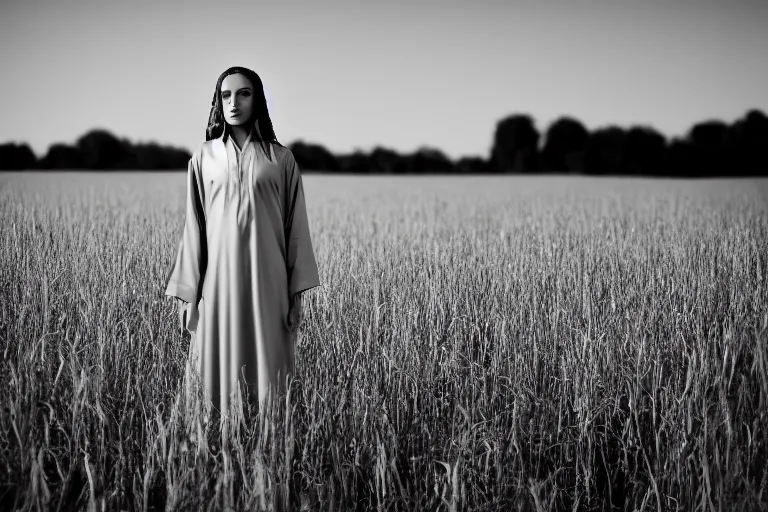 Prompt: beautiful model wearing thobe alone in a field, a high contrast hyper detailed black and white studio portrait photo, shot in area x from the movie annihilation, by beau brashares, pinhole photography
