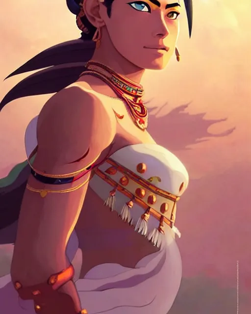 Prompt: indian warrior, doutzen kroes, detailed perfect face, exquisite details, septum piercing!!!!, wind magic, upper body, design on a white background, by studio muti, greg rutkowski makoto shinkai takashi takeuchi studio ghibli