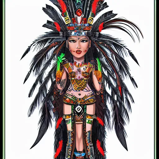 Image similar to character design, aztec warrior goddess with beautiful woman face, crown of very long feathers, full body, glowing aztec tattoos, beautiful, dark fantasy