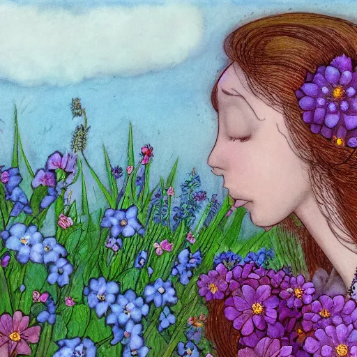 Image similar to a picture of a dreaming woman with flowers grow out of hair, roses peonies forget-me-nots dahlias lupins gladioli, sky theme in background by Elsa Beskow, Digital Art, Trending on artstation