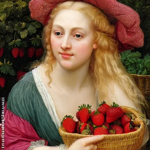 Image similar to A beautiful Blonde Woman with Locks selling strawberries in the style of Sophie Anderson, Portrait