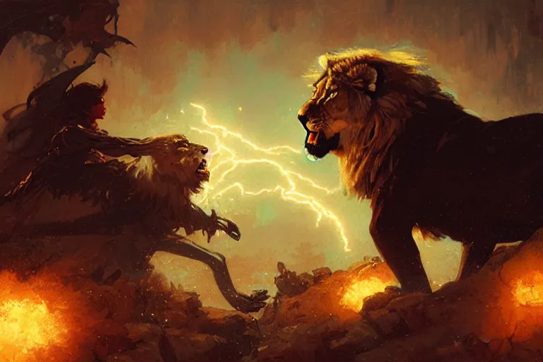 Image similar to a sorcerer shooting lightnings against a lion, portrait dnd, painting by gaston bussiere, craig mullins, greg rutkowski, yoji shinkawa