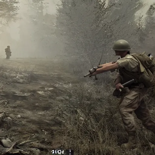 Image similar to ww 2 battlefield encounter in the woods between 2 american soldiers and a german soldier fighting for their lives, hd realistic faces, dirt and dust particles in the air, smoke and fire in the distance - c 1 3