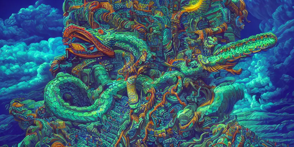 Image similar to Quetzalcoatl  the feathered serpent deity hovering above a giant mayan temple by Liam Wong and Boris Vallejo, stone carving, colorful, glyphs, rocket, wall of a tomb, highly details, realistic, cinematic lightning, medium shot, mid-shot, highly detailed, trending on artstation, Unreal Engine 4k