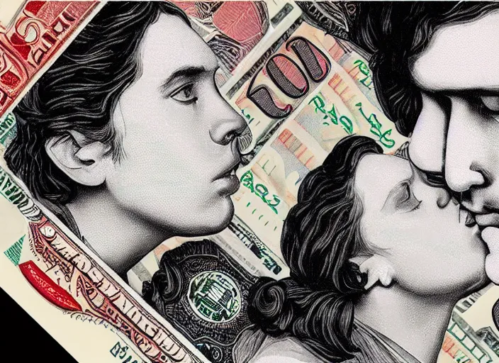 Image similar to reylo kissing dollar bill design