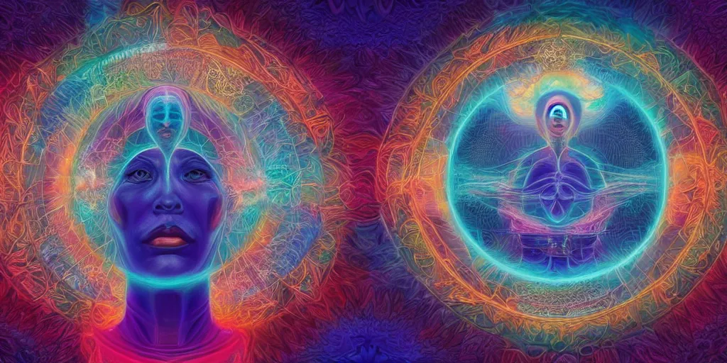 Image similar to trasnformation into transcendence into collaborative intelligence, endless collaboration with ai, connectedness, body, by alex grey, album cover, award winning, beautiful, colorful, volumetric lighting, trending on artstation, cinematic