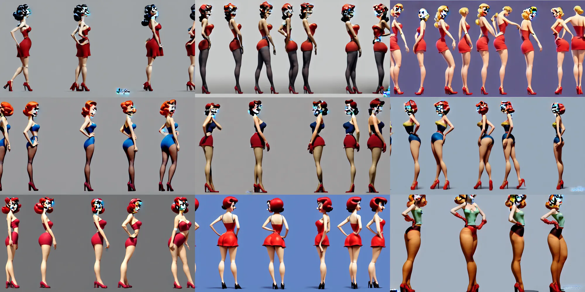 Prompt: a pretty pin up girl, character design by pixar, character model sheet turnaround, front and side views, back view also, cgsociety award, symetrical face, detailed face, 4 k, hd, by steven stahlberg