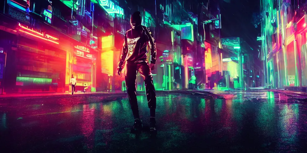 Prompt: slow motion film still of futuristic break dancer wearing dark suit with neon lights, long exposure shot , at night in the middle of a rainy street, rim lights, glossy reflections, octane render, detailed and soft, by laurie greasley