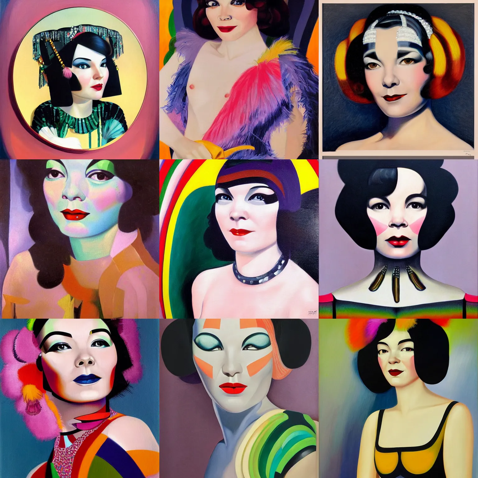 Prompt: detailed, realistic art deco portrait of bjork's face. bjork is dressed like a colorful flapper. bjork painted by tamara de lempicka, 1 9 2 7. oil on canvas.