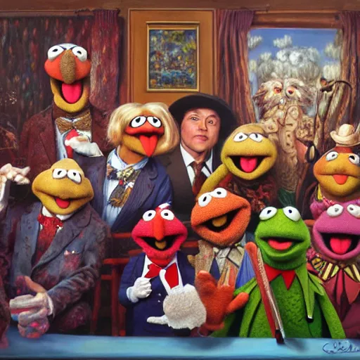 Image similar to muppet show, oil on canvas, surrealism, highly detailed, masterpiece, award - winning, artstationhd